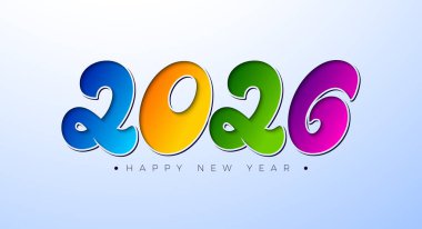 Yeni Yıl 2026 Logo Tasarımı ve Beyaz Arkaplanda Renkli Numaralar. Takvim, Flyer, Banner, Kutlama Posterleri için Typography Lettering ile Noel Tatil Kartı İllüstrasyonu