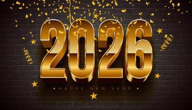 2026 Yeni Yıl Kutlama Kartı İllüstrasyonu Altın Typography Numarası, Düşen Konfeti ve Siyah Arkaplanda Noel Yıldızı. Takvim, El ilanı ve bayrak için Noel Süslemeleri ile Tatil Tasarımı
