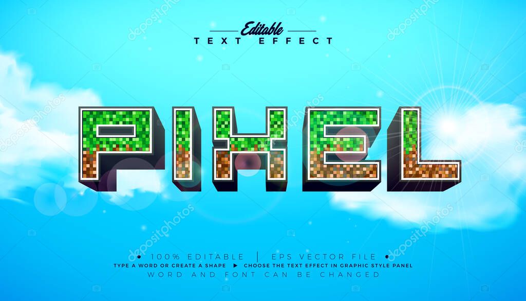 Pixel Editable Text Effect Design Illustrator Graphic Style with Customizable 3d Minecraft Video Game Font on Cloudy Sky Background. Vector Premium Typography Lettering Illustration Template for