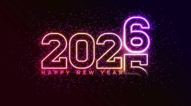 2026 Yeni Yıl Kutlama Kartı Tasarımı Parlayan Neon Işık Numarası ve Karanlık Parıltı Arkaplanındaki Typography Lettering ile. Vektör Noel Tatil Sezonu Takvim ve Kutlama İllüstrasyonu