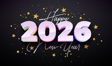 2026 Happy New Year Greeting Card Illustration with White 3D Number and Gold Christmas Stars on Black Background. Holiday Celebration Design with Typography Lettering for Calendar, Flyer, Banner