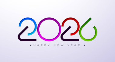 Yeni Yıl 2026 Logo Tasarımı ve Beyaz Arkaplanda Renkli Numaralar. Takvim, Flyer, Banner, Kutlama Posterleri için Typography Lettering ile Noel Tatil Kartı İllüstrasyonu
