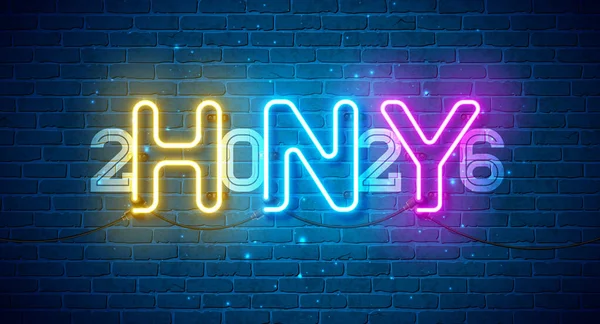 Renkli Parlayan Neon Işık Typography Lettering ile birlikte Renkli Tuğla Duvarı Arkaplanında Mutlu Yıllar Kartı Tasarımı 2026. Vektör Noel Tatil Sezonu Takvim ve Kutlama İllüstrasyonu