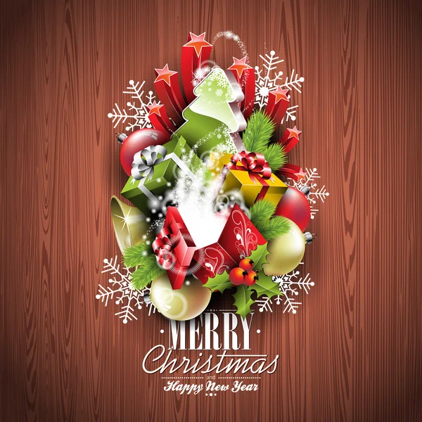 Feliz Navidad y Feliz Año Nuevo diseño tipográfico con elementos navideños sobre fondo de textura de madera . — Vector de stock