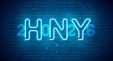 2026 Mutlu Yeni Yıl Kutlama Kartı Tasarımı Parlayan Neon Işık Typography Lettering ile Eski Tuğla Duvarı Arkaplanı. Vektör Noel Tatil Sezonu Takvim İllüstrasyonu, Kutlama Posteri