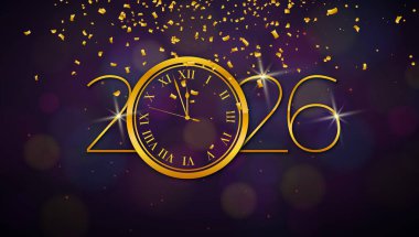 Altın Vintage Saat ve Düşen Konfeti Arkaplan Numaralı 2026 Mutlu Yeni Yıl İllüzyonu. Kutlama kartı, el ilanı, bayrak, parti davetiyesi için Noel süsleriyle birlikte tatil tasarımı