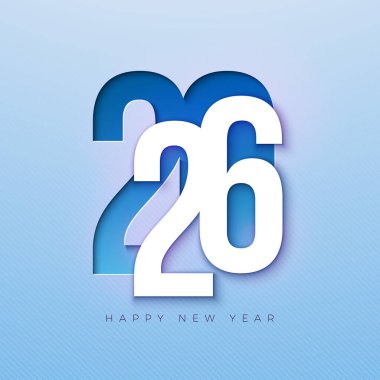 Mutlu yıllar 2026 Kutlama Kartı Tasarımı Açık Mavi Arkaplanda Kesik Numarası. Noel Tatil Resimleri Logo Tipografisi Takvim Mektubu, Özel Durum Uçuşu