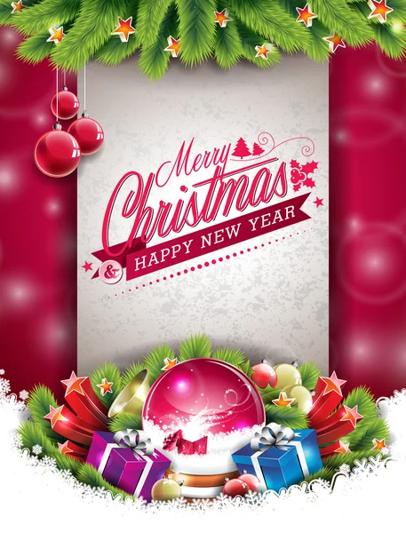 Illustration vectorielle de Noël avec design typographique et éléments de vacances brillants sur fond rouge . — Image vectorielle