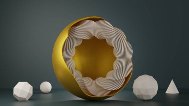 Altın yuvarlak çerçeveli geometrik şekiller. Spiral daire, piramit, ikosfer, küre. 2021 trend renklerinde ürün tasarımı için modern arkaplan. 3d resimleme