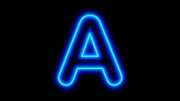 Animierter blauer Leuchtbuchstabe A auf schwarzem Hintergrund. Looping-Animation. 3D-Rendering. 4K-Video. — Stockvideo