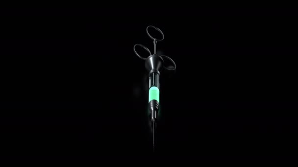 Retro Syringe Green Glowing Liquid Rotates Black Glossy Background Video — Stock Video