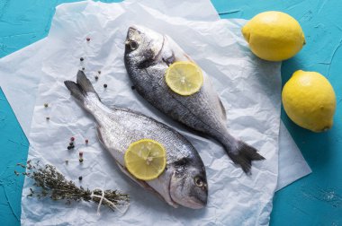 Limon dilimleri, otlar ve mavi arka planda biberle süslenmiş taze çiğ balık. Sağlıklı gıda konsepti, üst görünüm.