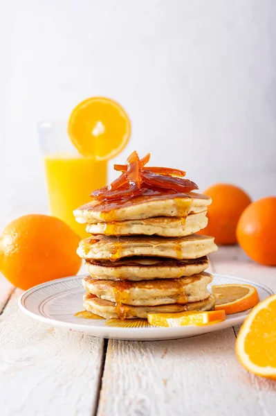 Pancake Tower Orange Marmalade Fresh Oranges Juice Breakfast Rustic Wooden — Stock Photo, Image