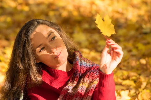 Mulher segurando folha de bordo amarelo na floresta de outono — Fotografia de Stock