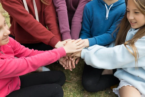 Stack Hands Young Girls Agreement — Stock Photo, Image