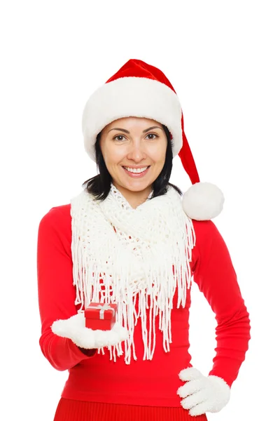 Santa ragazza in possesso di una scatola regalo — Foto Stock