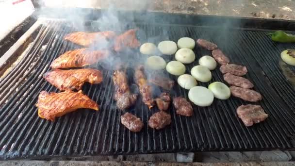 在城市街道上的篝火中做饭 美味的多汁肉 鱼和蔬菜在炉火的烤架上被炸 — 图库视频影像