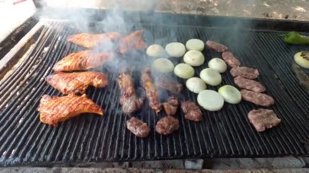 Cocinar Una Calle Ciudad Fuego Abierto Deliciosa Carne Jugosa Pescado — Vídeo de stock