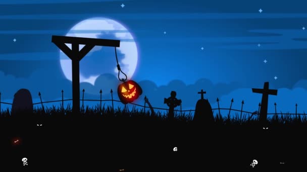 Halloween Pozadí Fps Animace Tmavě Modrý Strašidelný Hřbitov Dýní Lebkami — Stock video