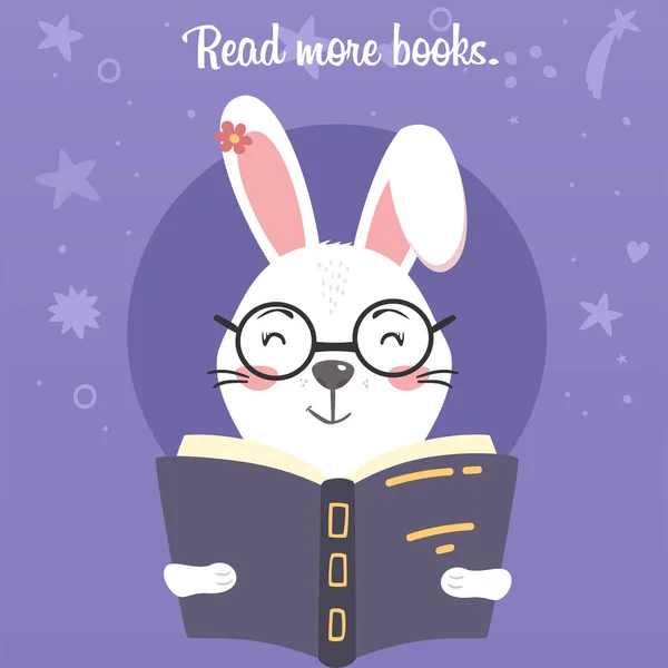Ilustración Plana Dibujos Animados Bunny Lindo Conejo Leyendo Libro Imagen — Vector de stock