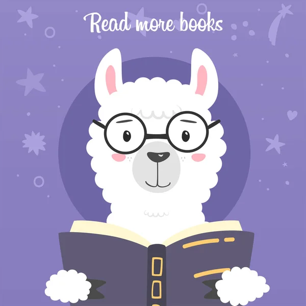 Llama Ilustración Plana Dibujos Animados Linda Alpaca Leyendo Libro Imagen — Vector de stock