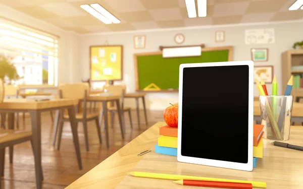 Tablet Digital Branco Com Livros Lápis Maçã Vermelha Mesa Sala — Fotografia de Stock