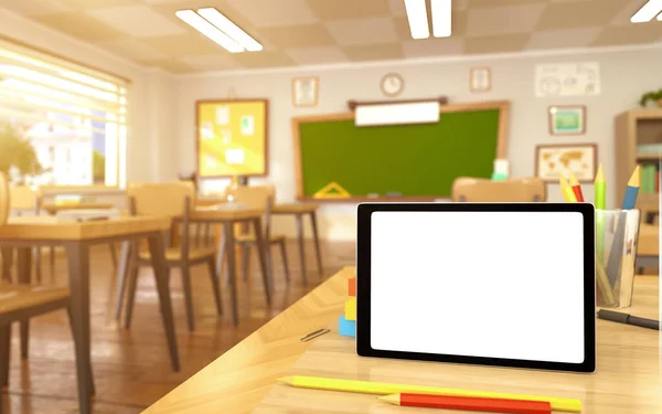 Empty digital tablet pc with books, pencils and red apple on desk in empty school classroom. 3D rendering illustration. Back to school background template for technology and education.