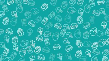 Animasyon Fast Food Doodle Destern. Kıvırcık Efektli Kusursuz Döngü (Teal).