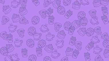 Animasyon Fast Food Doodle Destern. Yüzen Pizza, Patates kızartması ve Kahve Simgeleri (Purple).