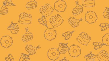 Animasyon Asya Gıda Şekerleme Şablonu. Kaydırma Suşi, Donut ve Dango Simgeleri (Turuncu Simgeli) ile Kusursuz Döngü).