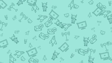 Animasyon Teknolojisi Doodle Deseni. Zıplayan Robot, Roket ve Bilgisayar Simgeleriyle Kusursuz Döngü.