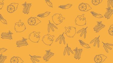 Turuncu Arkaplanda Taze Sebze ve Meyve Çizgisi Sanat Şablonu Canlandırılıyor