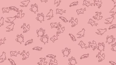 Pembe Arkaplanda Oyuncak Çizgi Filmlerdeki Hayvanlar Şablonu Tuhaf Kuşlar Köpekbalıkları ve Timsahlar Kusursuz Çizgisel Çizimler