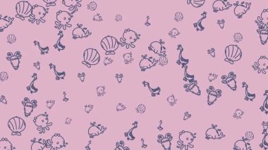 Pembe Arkaplanda Yüzen Tuhaf Çizgi Filmler ve Deniz Yaşamı Kusursuz Döngü