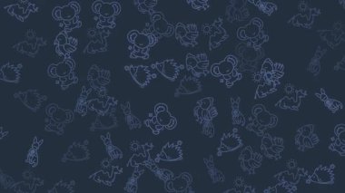 Koalas Kirpileri, Camel Kuşları ve Koyu Mavi Arkaplan Tavşanlarıyla Sevimli Çizgi Film Hayvanı Çizimi