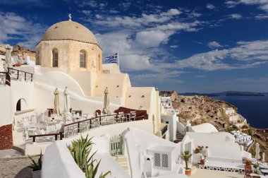 Santorini, Yunanistan, gün batımına Oia