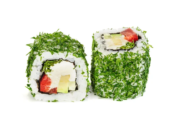 Uramaki warzyw maki sushi z koperkiem, dwie rolki biały na białym tle na — Zdjęcie stockowe