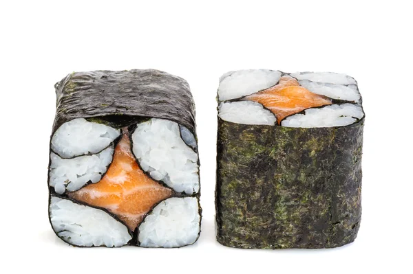 Prosty sake maki sushi, dwie rolki na białym tle — Zdjęcie stockowe