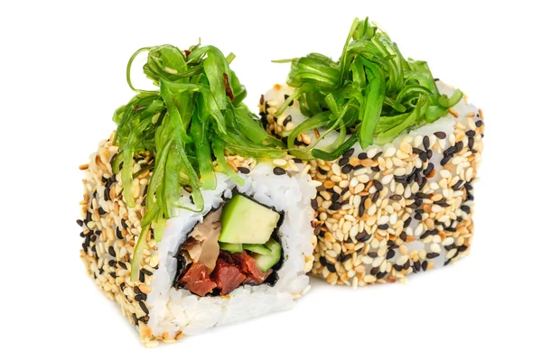 Maki sushi, dwie rolki na białym tle na biały — Zdjęcie stockowe