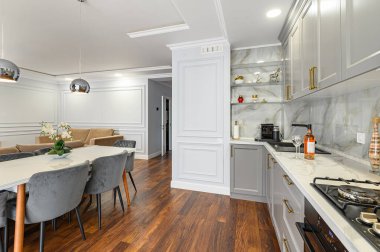 Lüks gri ve beyaz modern mutfak ve oturma odası.