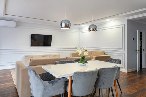 Lüks gri ve beyaz modern mutfak ve oturma odası. — Stok fotoğraf