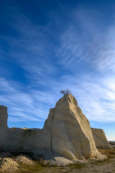 Roca caliza con árbol en la parte superior de la cantera de piedra caliza — Foto de Stock