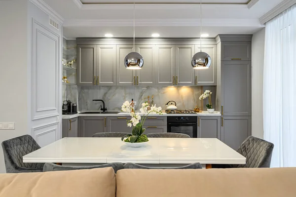 Lusso grigio e bianco cucina moderna e soggiorno — Foto Stock