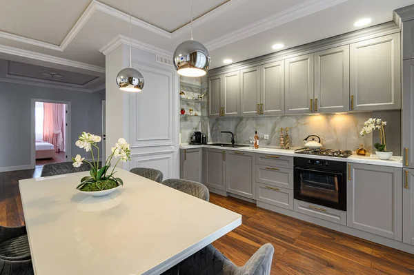 Lujo gris y blanco moderna cocina y sala de estar — Foto de Stock