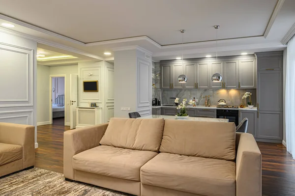 Lujo gris y blanco moderna cocina y sala de estar — Foto de Stock
