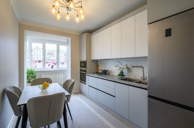 Modern gri ve beyaz mutfak.