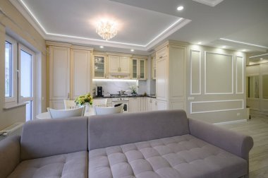 Stüdyo dairede modern büyük lüks mutfak ve yemek odası