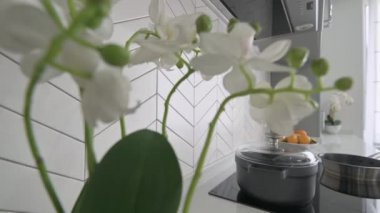 Lüks moden klasik gri mutfak atölyesinin kapanışı.