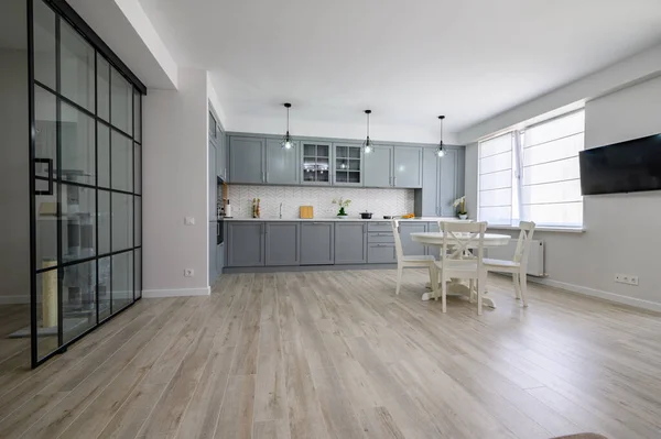 Trendy grijze en witte moderne keukenmeubels in studio appartement — Stockfoto