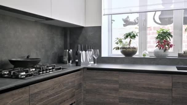 Moderno luxuoso marrom escuro, cinza e preto detalhes da cozinha — Vídeo de Stock